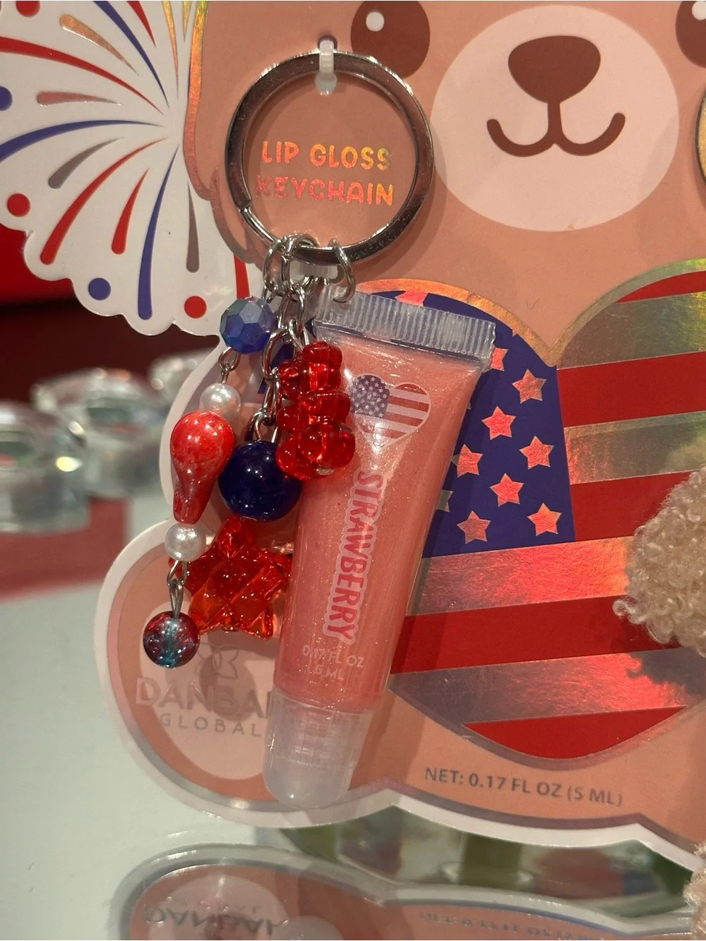 Danbar Teddy Bear Lip Gloss Keychain Set Kawaii Patriotic Bag Charm NWT Gummy